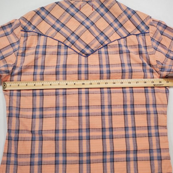 Guess Shirt Mens Medium Light Salmon Plaid Unique Wood Snap Rodeo Cowboy Western - Picture 13 of 15